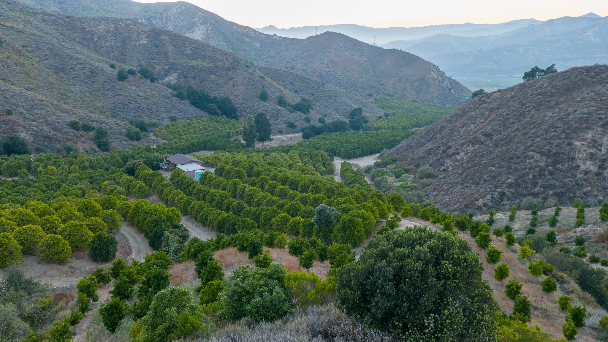 Paradise Ranch nestled in a canyon surrounded by orchard rows and mountains